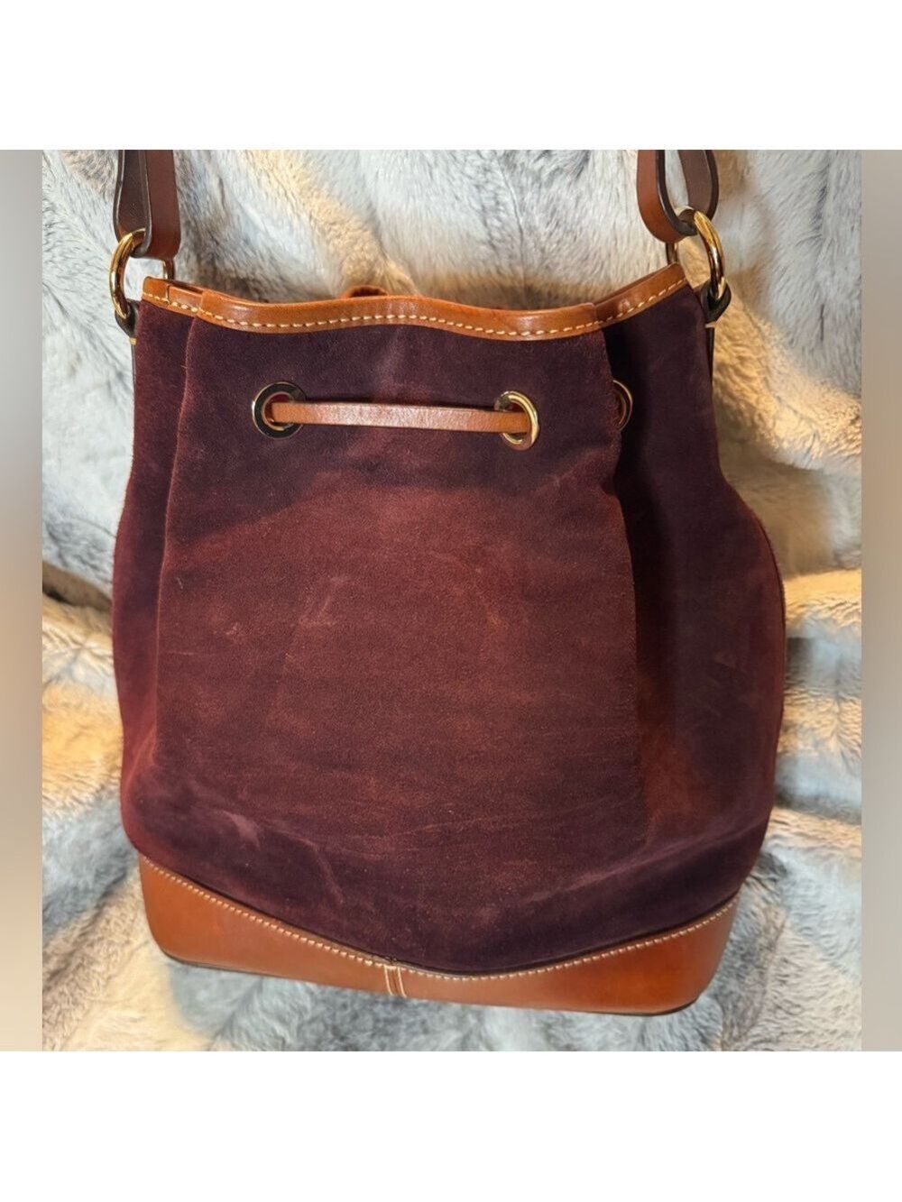 Dooney & Bourke - Suede Drawstring Bucket Bag - EUC 
Dark Brown/Burgundy Color - Picture 2 of 13
